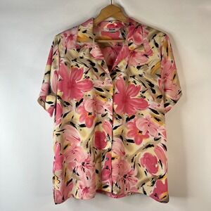 ALIA Blouse Women 16 Pink Floral Short Sleeve Button Down Vintage Shoulder Pads